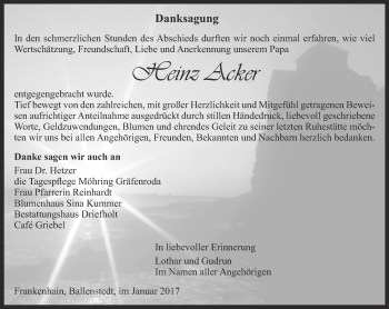 Traueranzeige von Heinz Acker von Thüringer Allgemeine