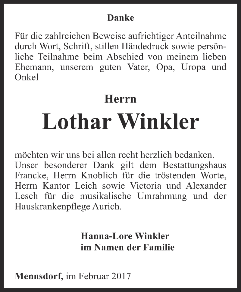  Traueranzeige für Lothar Winkler vom 07.02.2017 aus Ostthüringer Zeitung