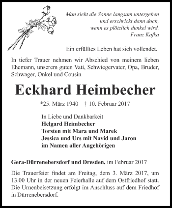 Traueranzeige von Eckhard Heimbecher von Ostthüringer Zeitung