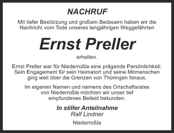 Traueranzeige von Ernst Preller von Thüringer Allgemeine, Thüringische Landeszeitung