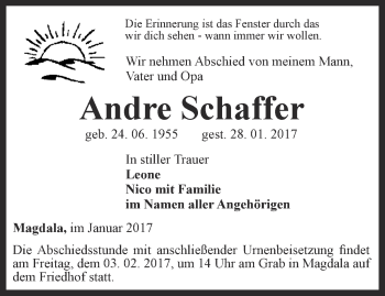 Traueranzeige von Andre Schaffer von Thüringer Allgemeine, Thüringische Landeszeitung