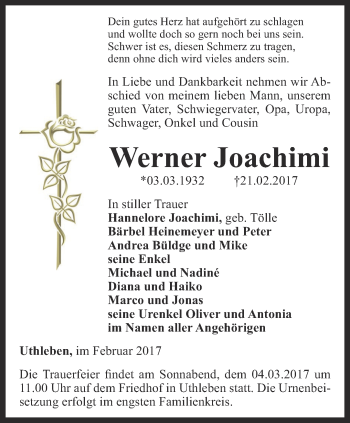 Traueranzeige von Werner Joachimi von Thüringer Allgemeine