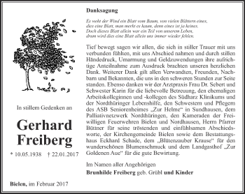 Traueranzeige von Gerhard Freiberg von Thüringer Allgemeine