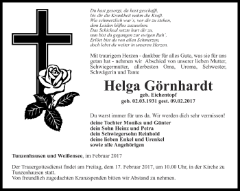 Traueranzeige von Helga Görnhardt von Thüringer Allgemeine