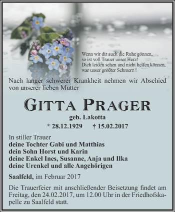 Traueranzeige von Gitta Prager von Ostthüringer Zeitung