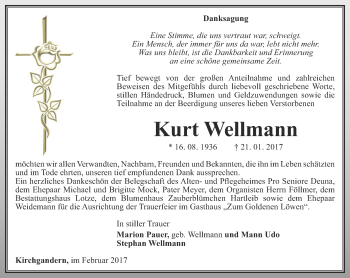 Traueranzeige von Kurt Wellmann von Thüringer Allgemeine