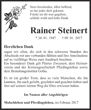 Traueranzeige von Rainer Steinert von Ostthüringer Zeitung, Thüringische Landeszeitung