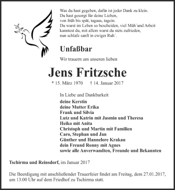 Traueranzeige von Jens Fritzsche von Ostthüringer Zeitung