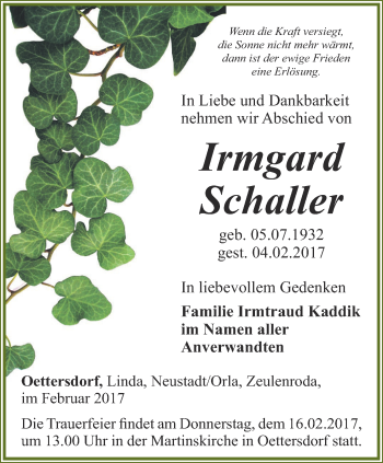 Traueranzeige von Irmgard Schaller von Ostthüringer Zeitung