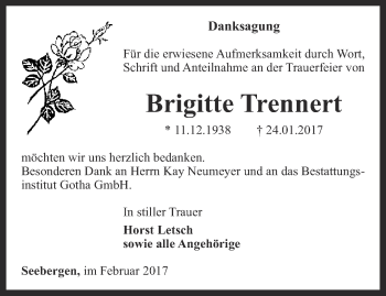 Traueranzeige von Brigitte Trennert von Ostthüringer Zeitung, Thüringische Landeszeitung