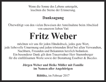 Traueranzeige von Fritz Weber von Ostthüringer Zeitung