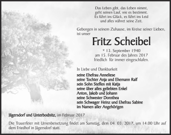 Traueranzeige von Fritz Scheibel von Ostthüringer Zeitung, Thüringische Landeszeitung