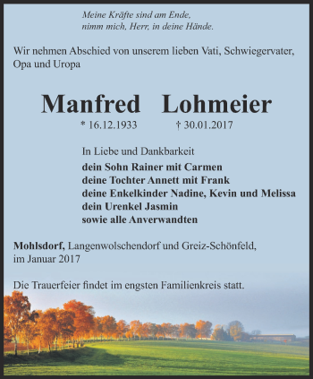 Traueranzeige von Manfred Lohmeier von Ostthüringer Zeitung