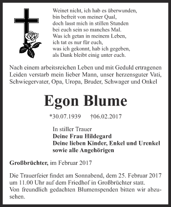 Traueranzeige von Egon Blume von Thüringer Allgemeine