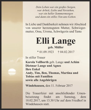 Traueranzeige von Elli Lange von Thüringer Allgemeine