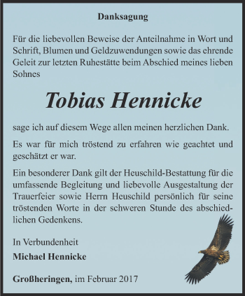 Traueranzeige von Tobias Hennicke von Thüringer Allgemeine, Thüringische Landeszeitung