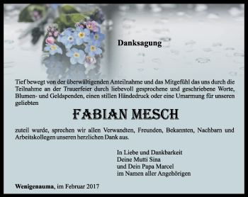 Traueranzeige von Fabian Mesch von Ostthüringer Zeitung