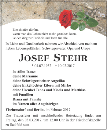 Traueranzeige von Josef Stehr von Ostthüringer Zeitung