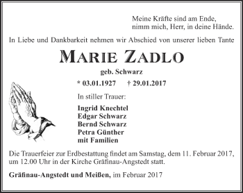 Traueranzeige von Marie Zadlo von Thüringer Allgemeine