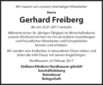 Traueranzeige von Gerhard Freiberg von Thüringer Allgemeine