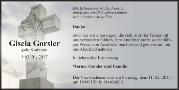 Traueranzeige von Gisela Gorsler von Thüringer Allgemeine