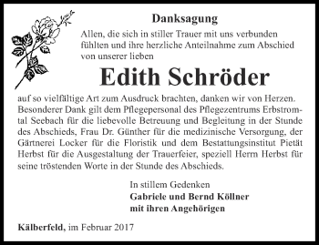 Traueranzeige von Edith Schröder von Thüringer Allgemeine, Thüringische Landeszeitung