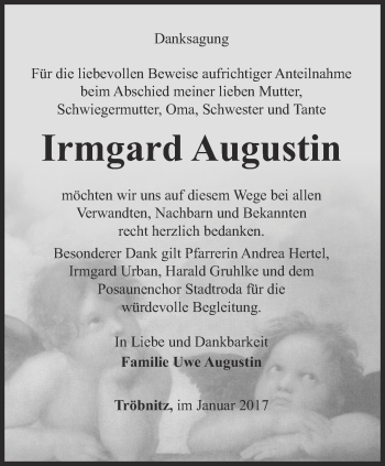 Traueranzeige von Irmgard Augustin von Ostthüringer Zeitung