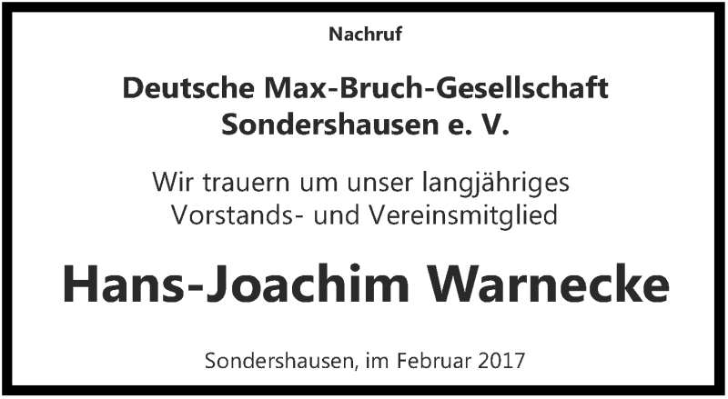  Traueranzeige für Hans-Joachim Warnecke vom 25.02.2017 aus Thüringer Allgemeine