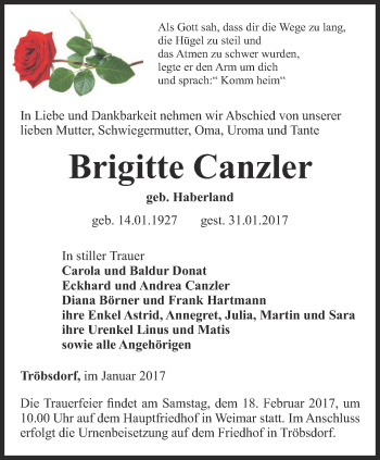 Traueranzeige von Brigitte Canzler von Thüringer Allgemeine, Thüringische Landeszeitung