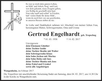 Traueranzeige von Gertrud Engelhardt von Ostthüringer Zeitung, Thüringische Landeszeitung