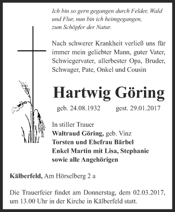 Traueranzeige von Hartwig Göring von Thüringer Allgemeine, Thüringische Landeszeitung