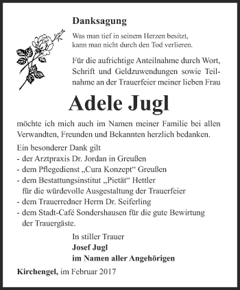 Traueranzeige von Adele Jugl von Thüringer Allgemeine