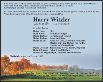 Traueranzeige von Harry Witzler von Thüringer Allgemeine, Thüringische Landeszeitung