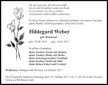 Traueranzeige von Hildegard Weber von Thüringer Allgemeine