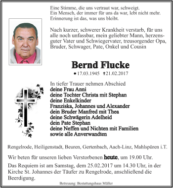 Traueranzeige von Bernd Flucke von Thüringer Allgemeine