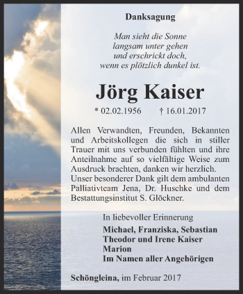 Traueranzeige von Jörg Kaiser von Ostthüringer Zeitung