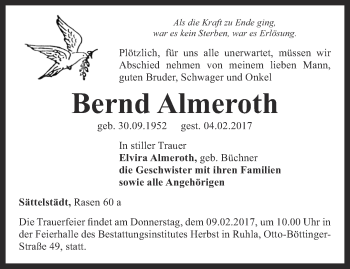 Traueranzeige von Bernd Almeroth von Ostthüringer Zeitung, Thüringische Landeszeitung