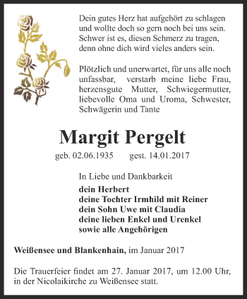 Traueranzeige von Margit Pergelt von Thüringer Allgemeine