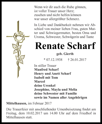 Traueranzeige von Renate Scharf von Thüringer Allgemeine, Thüringische Landeszeitung