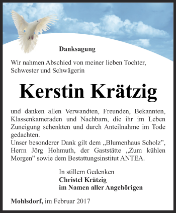 Traueranzeige von Kerstin Krätzig von Ostthüringer Zeitung