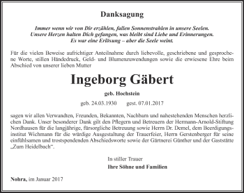 Traueranzeige von Ingeborg Gäbert von Thüringer Allgemeine