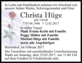 Traueranzeige von Christa Hüge von Ostthüringer Zeitung, Thüringische Landeszeitung