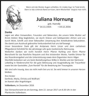 Traueranzeige von Juliana Hornung von Thüringer Allgemeine