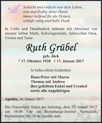 Traueranzeige von Ruth Grübel von Thüringer Allgemeine, Thüringische Landeszeitung