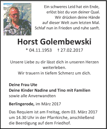 Traueranzeige von Horst Golembewski von Thüringer Allgemeine