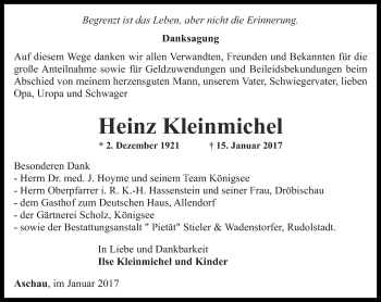 Traueranzeige von Heinz Kleinmichel von Ostthüringer Zeitung