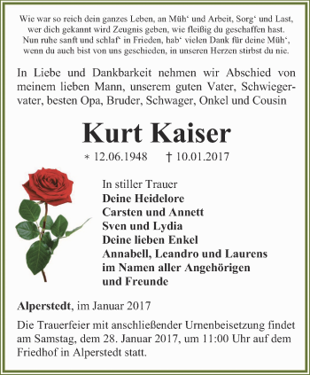 Traueranzeige von Kurt Kaiser von Thüringer Allgemeine, Thüringische Landeszeitung