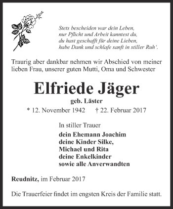 Traueranzeige von Elfriede Jäger von Ostthüringer Zeitung