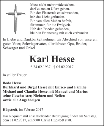 Traueranzeige von Karl Hesse von Thüringer Allgemeine, Thüringische Landeszeitung