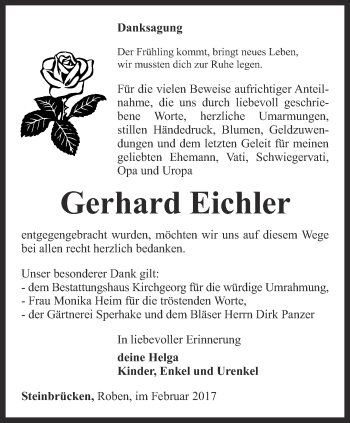 Traueranzeige von Gerhard Eichler von Ostthüringer Zeitung